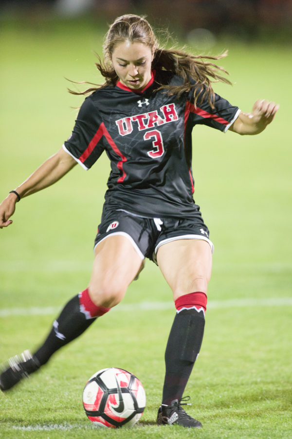 Utah womens soccer redshirt senior Katie Rogers (3) takes a penalty kick vs San Diego at the Ute Soccer Field on Friday, August 26, 2016