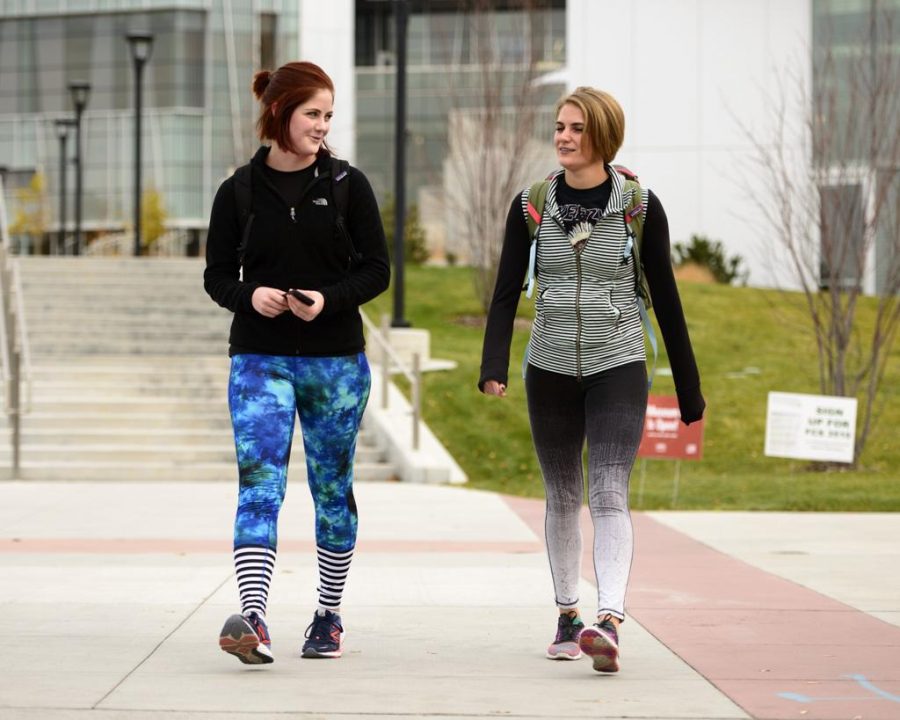 Second year medical students and sisters Dannen (left) and Shea (right) Weight wear athleisure clothing to and from class on campus at the University of Utah on Wednesday, November 16, 2016