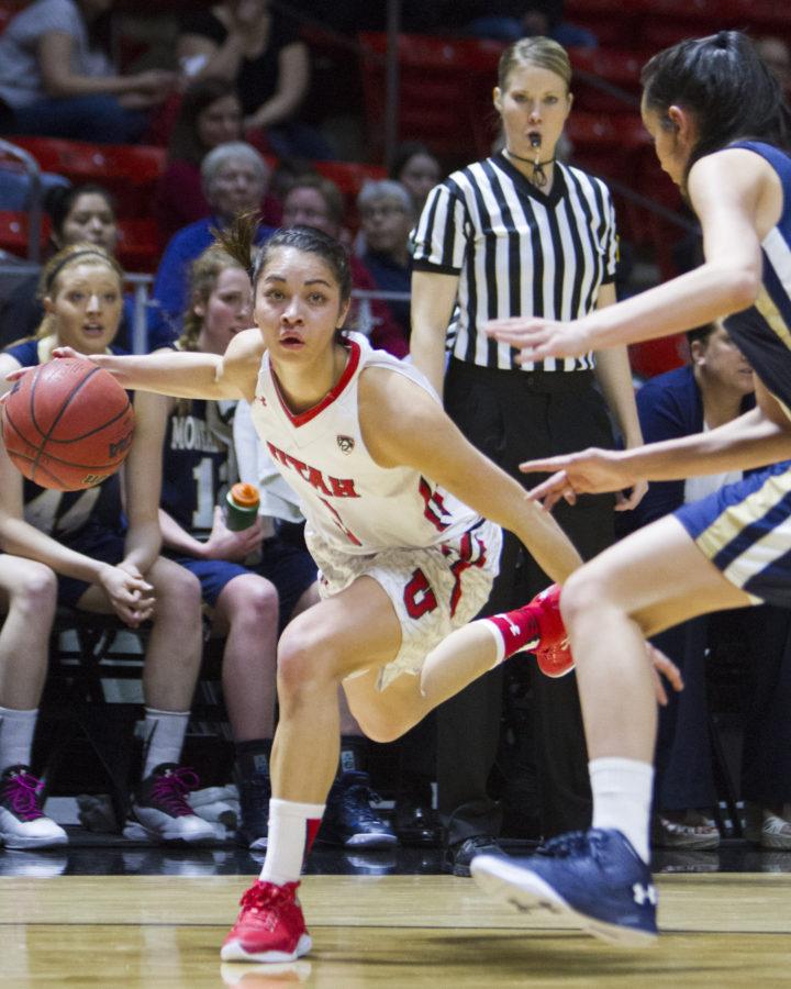 Sophomore wing Malia Nawahine (3) drives to the basket at the Utah vs Montana State basketball game, Friday, March 18, 2016. (Mike Sheehan, Daily Utah Chronicle)
