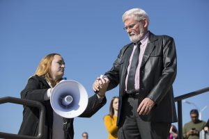 An emotional President Pershing speaks during the sexual assault protest in the MEB parking lot on Friday, Nov 4, 2016. Pershing spoke about his daughters and how he feers for their safety. Chris Ayers Daily Utah Chronicle.