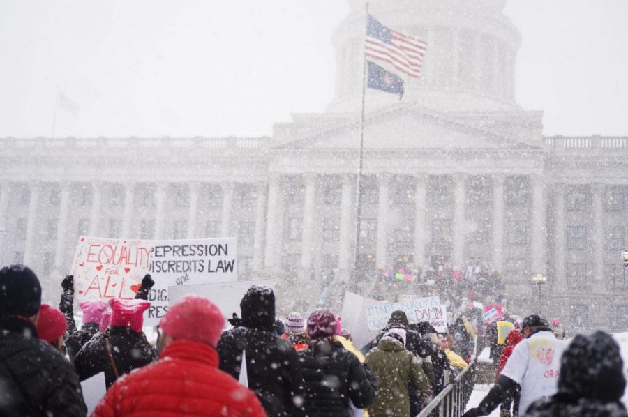 People march up to the Utah State Capitol during Womens March on the Utah State Capitol in Salt Lake City, Utah on Monday Jan. 23, 2017. (Rishi Deka, Daily Utah Chronicle)