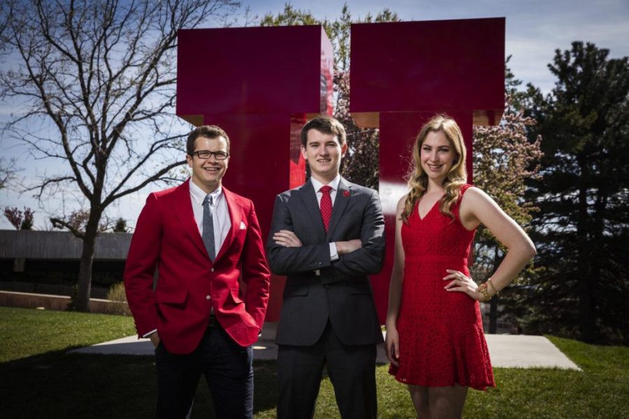Jessica Patterson, Matt Miller and Jack Bender pose in-front of U at the University of Utah.
Wednesday April 20, 2016. (Photo by August Miller)