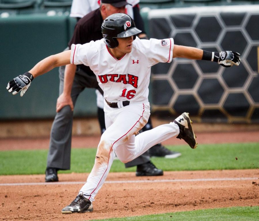 University of Utah Baseballs sophomore outfielder Chandler Anderson (16) puts the brakes on after rounding 1st in an PAC 12 Game vs. The Arizona State Sun Devils at The Salt Lake Bees Stadium, Salt Lake City, UT on Friday, May 26, 2017

(Photo by Adam Fondren | Daily Utah Chronicle)