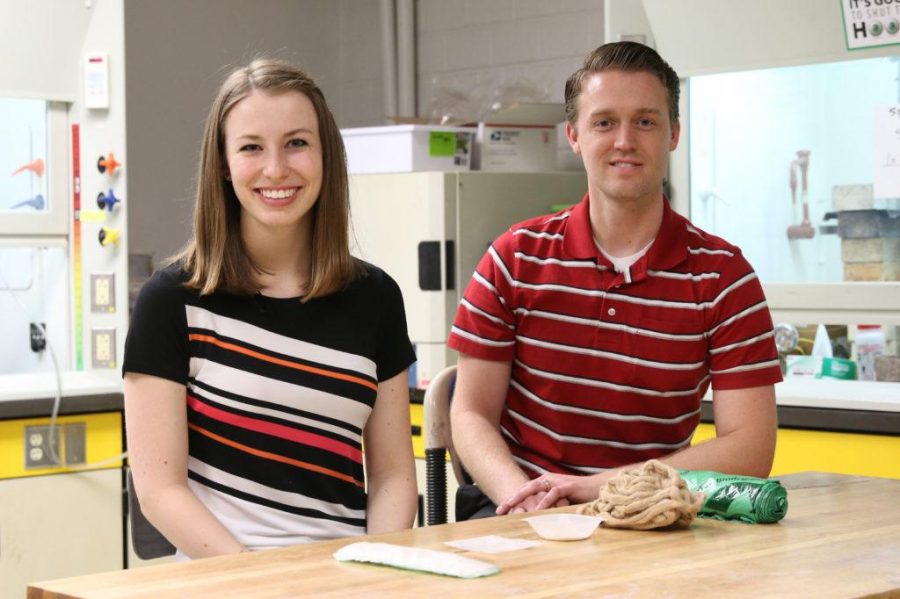 University of Utah materials science and engineering student Amber Barron (left) and materials science and engineering assistant professor, Jeff Bates developed a 100-percent biodegradable feminine hygiene pad.