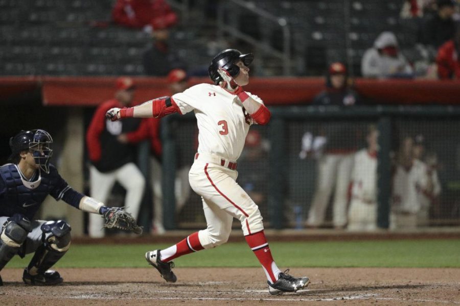 Utes infielder Oliver Dunn (3) singles in the bottom of the sixth against BYU at Smiths Ballpark on Tuesday, March 28, 2017. (Chris Ayers|Daily Utah Chronicle.)