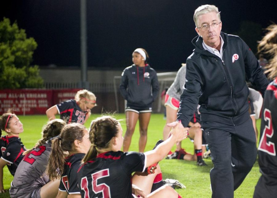Utah womens soccer head coach Rich Manning congratulates the team following the game vs San Diego at the Ute Soccer Field on Friday, August 26, 2016