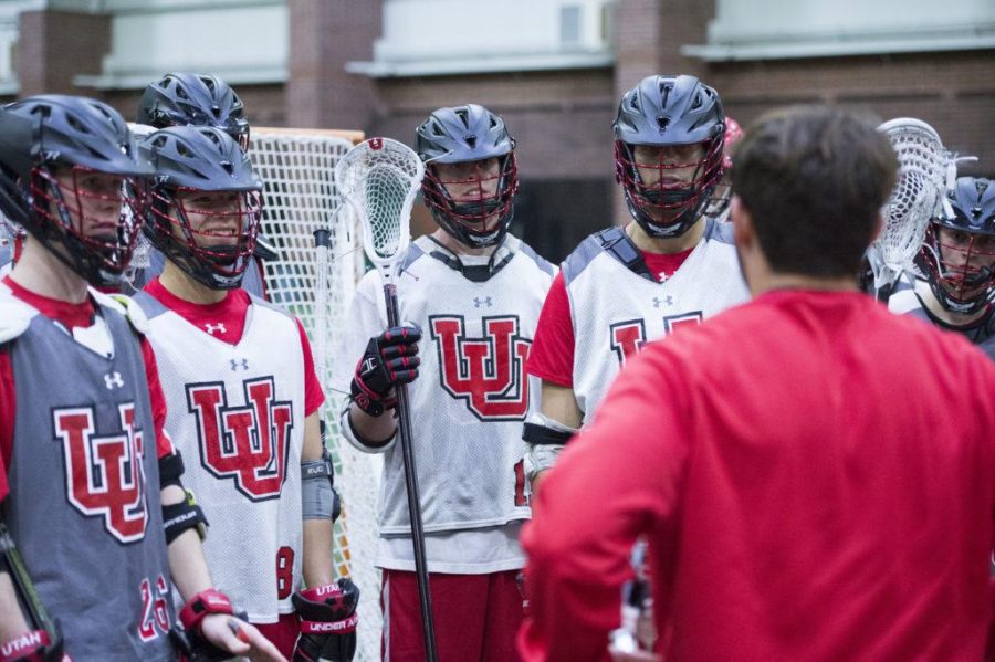 The University of Utah Mens Club Lacrosse team assistant coach Adam Ghitelman talks to the players during practice in the Spence Eccles Field House on Tuesday, January 17, 2017