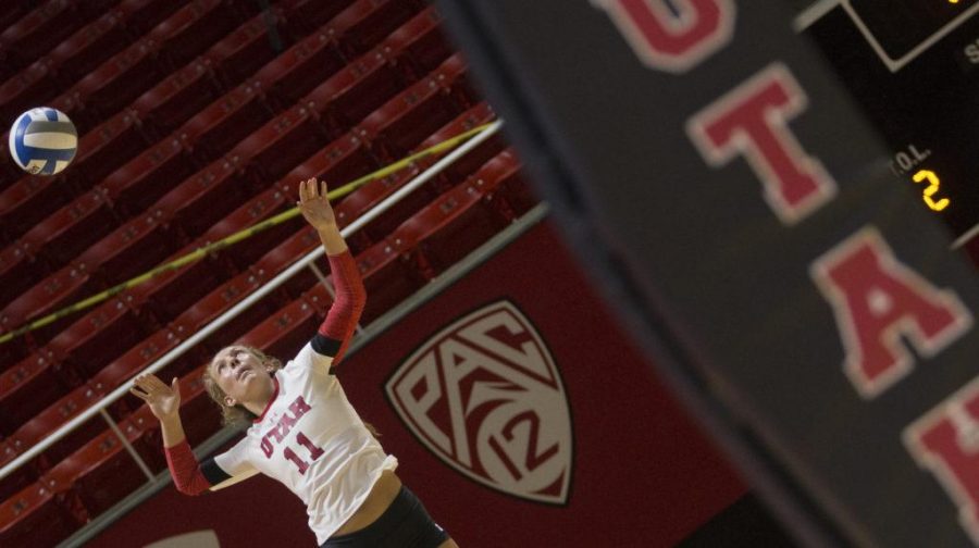 Alex Van Komen (11) serves the ball during the Utah Womens Volleyball Red vs. White Scrimmage at the U Hunstman Center in Salt Lake City, Utah on Saturday, Aug. 19, 2017. (Dr. Rishi Deka  | Daily Utah Chronicle)