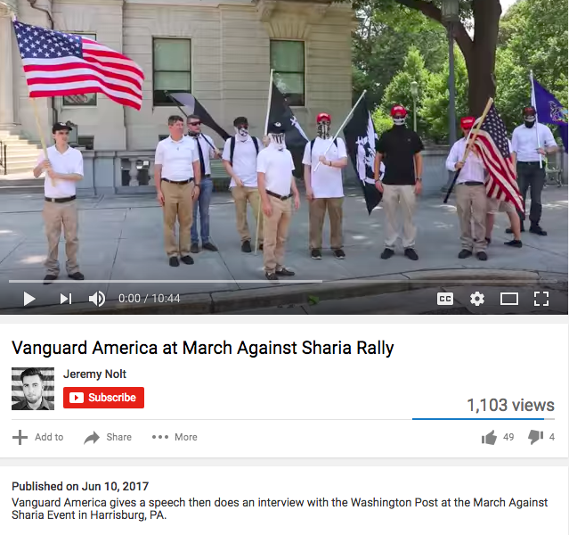 A screenshot of a Vanguard America March Against Sharia Rally in Harrisburg, PA in June 2017. Paricipants are pictured wearing collared white shirts and khakis, similar to what James Fields was wearing on August 12. The clothing is similar to golfing outfits worn by President Donald Trump. 
