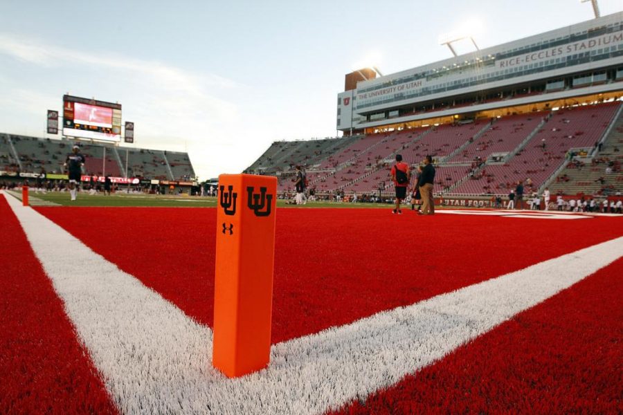 A new throwback pylon is set up before a Pac-12 football game at Rice Eccles Stadium in Salt Lake City, Saturday, Oct. 10, 2015.