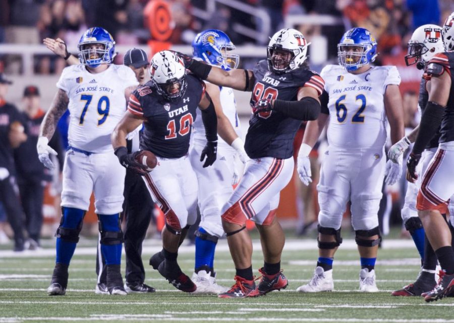 University of Utah senior linebacker Sunia Tauteoli (10) celebrates after he makes an inerception in an NCAA Football game vs. The San Jose State Spartans in Rice Eccles Stadium in Salt Lake City, Utah on Saturday, Sept. 16, 2017

(Photo by Kiffer Creveling | The Daily Utah Chronicle)