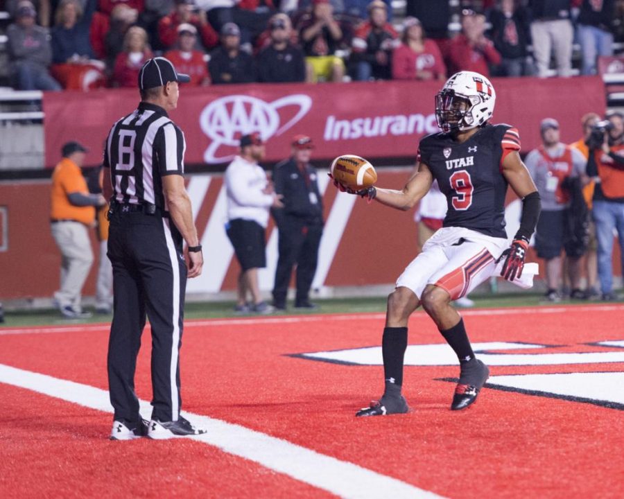 University of Utah senior wide receiver Darren Carrington II (9) tosses the ball to the referee after his touchdown in an NCAA Football game vs. The San Jose State Spartans in Rice Eccles Stadium in Salt Lake City, Utah on Saturday, Sept. 16, 2017

(Photo by Kiffer Creveling | The Daily Utah Chronicle)