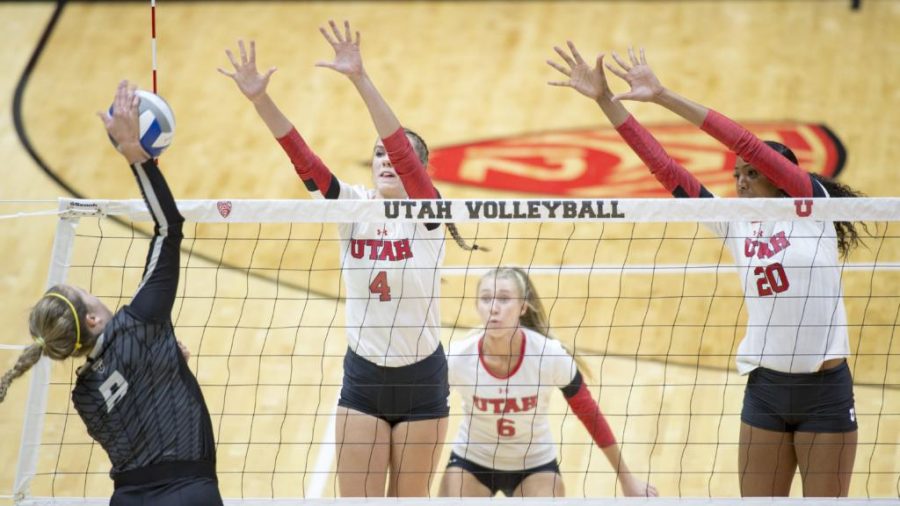University of Utah Volleyball freshman outside hitter Kenzie Koerber (4) and senior middle blocker Tawnee Luafalemana (20) leap to block a spike in a set of matches vs. The Oregon Ducks at the Huntsman Center in Salt Lake City, UT on Friday, Sept. 29, 2017

(Photo by Kiffer Creveling | The Daily Utah Chronicle)