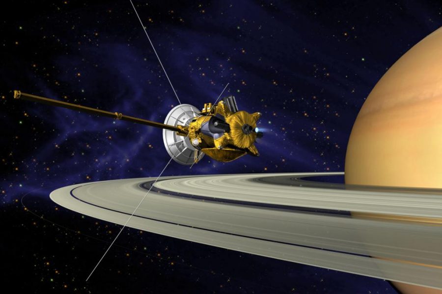An artists rendering of the Cassini spacecraft orbiting Saturn. 
