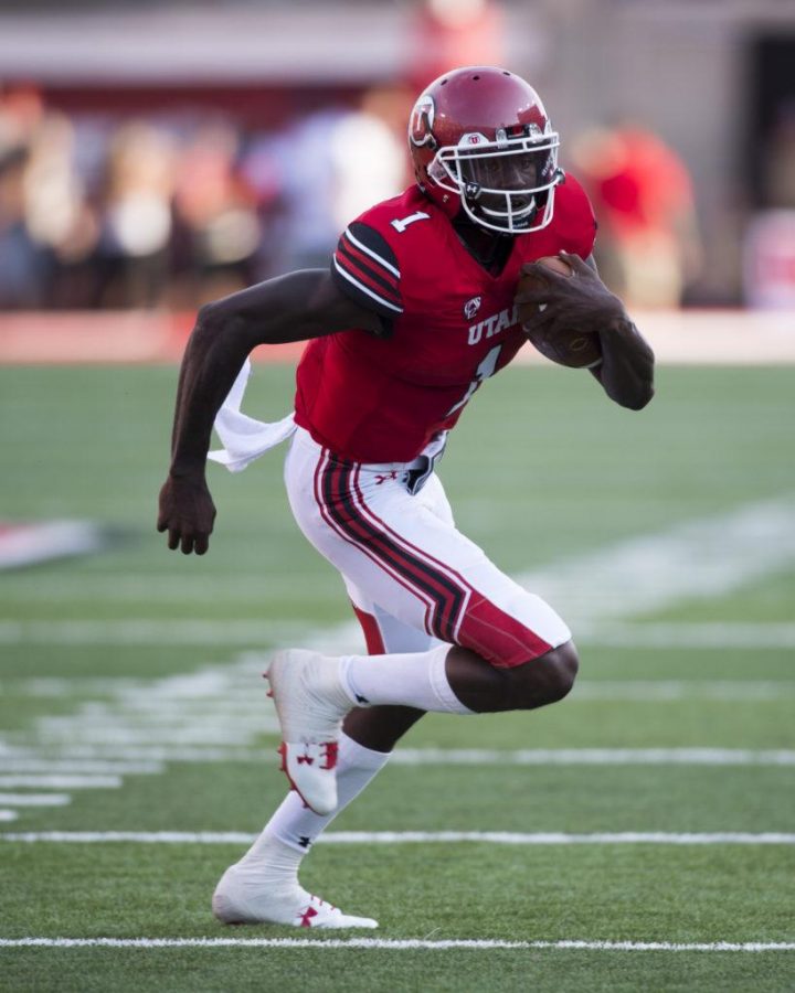 The University of Utah sophomore quarterback Tyler Huntley (1) runs the ball downfield in an NCAA football game vs. The North Dakota Hawks at Rice Eccles Stadium on Thursday, Aug. 31, 2017

(Photo by Kiffer Creveling | The Daily Utah Chronicle)