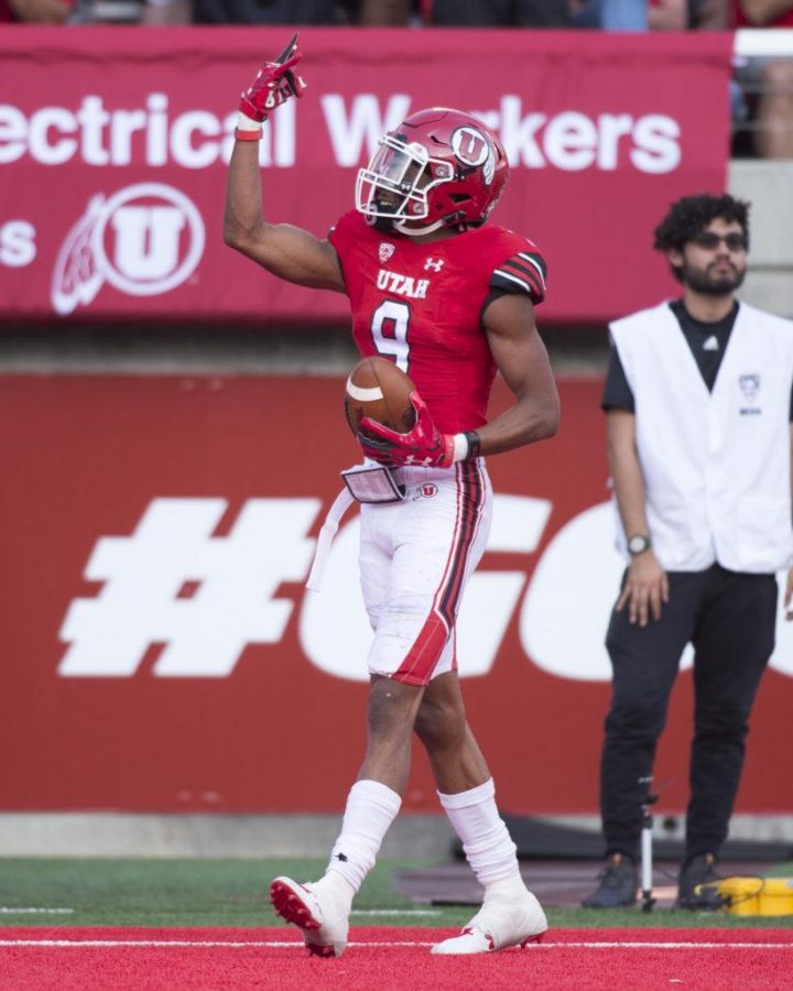 The University of Utah senior wide receiver Darren Carrington II (9) celebrates after scoring a touchdown in an NCAA football game vs. The North Dakota Hawks at Rice Eccles Stadium on Thursday, Aug. 31, 2017

(Photo by Kiffer Creveling | The Daily Utah Chronicle)