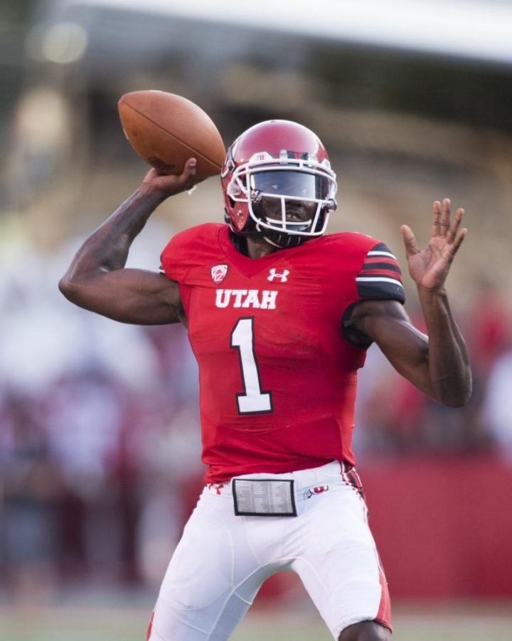The University of Utah sophomore quarterback Tyler Huntley (1) looks downfield for an open man in an NCAA football game vs. The North Dakota Hawks at Rice Eccles Stadium on Thursday, Aug. 31, 2017

(Photo by Kiffer Creveling | The Daily Utah Chronicle)