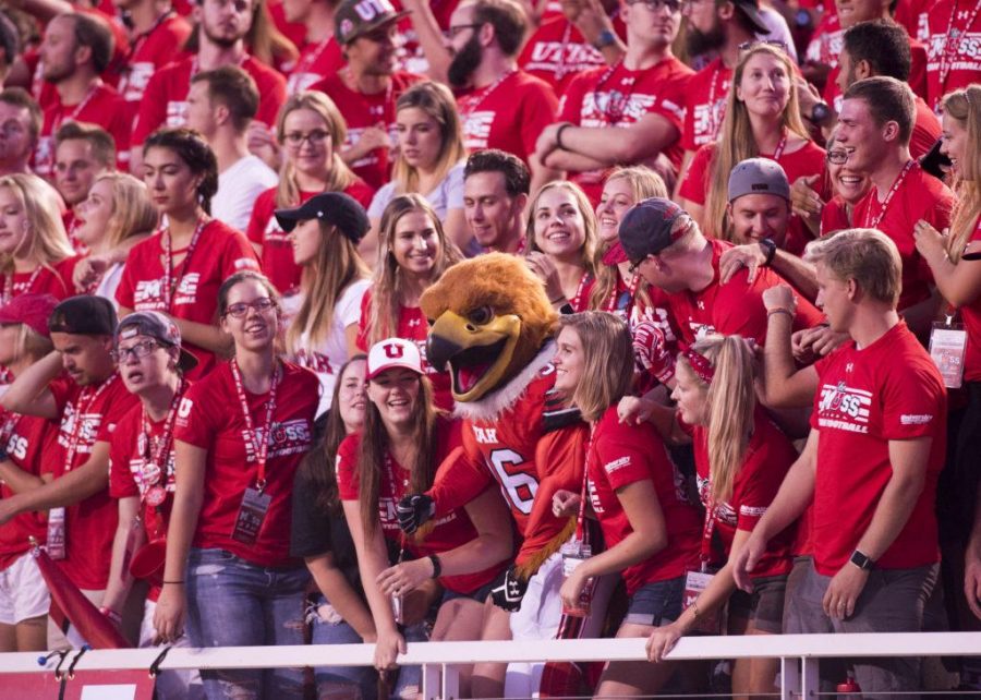 The University of Utah Swoop poses with the students in the MUSS in an NCAA football game vs. The North Dakota Hawks at Rice Eccles Stadium on Thursday, Aug. 31, 2017

(Photo by Kiffer Creveling | The Daily Utah Chronicle)