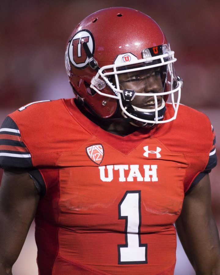 The University of Utah sophomore quarterback Tyler Huntley (1) returns to the sideline after missing to advance the ball on the third down in an NCAA football game vs. The North Dakota Hawks at Rice Eccles Stadium on Thursday, Aug. 31, 2017

(Photo by Kiffer Creveling | The Daily Utah Chronicle)