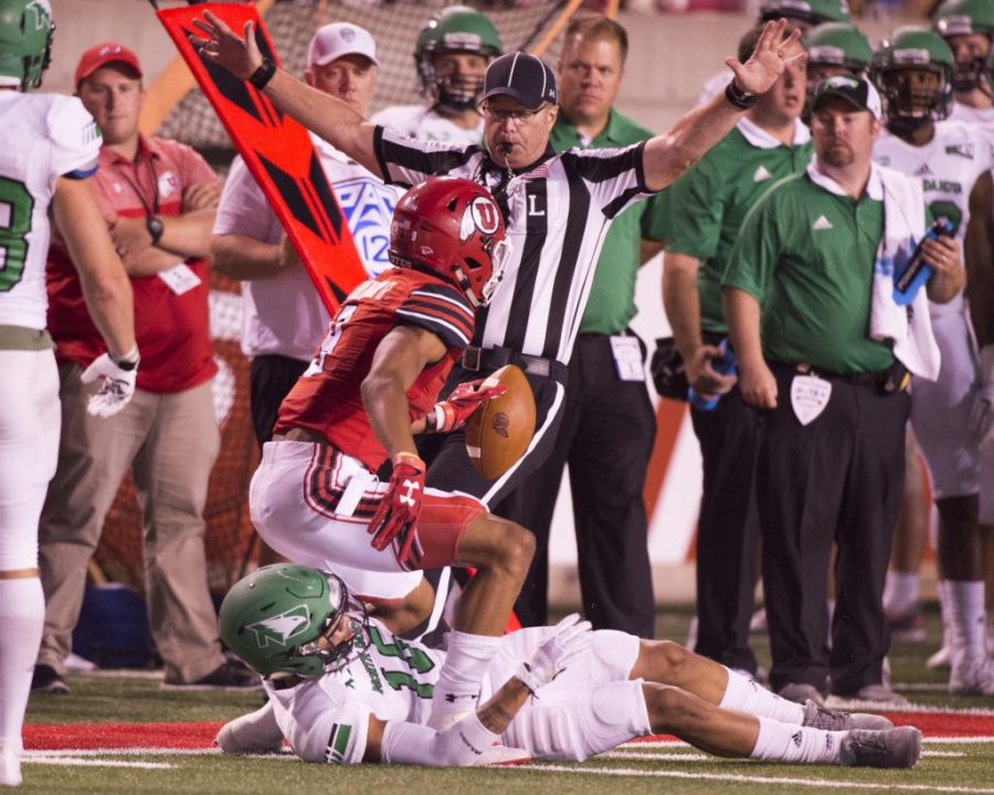 The University of Utah senior wide receiver Darren Carrington II (9) catches the ball inbounds in an NCAA football game vs. The North Dakota Hawks at Rice Eccles Stadium on Thursday, Aug. 31, 2017

(Photo by Kiffer Creveling | The Daily Utah Chronicle)