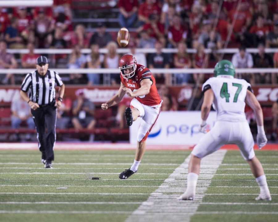 The University of Utah junior punter Mitch Wishnowsky (33) kicks the ball after the touchdown in an NCAA football game vs. The North Dakota Hawks at Rice Eccles Stadium on Thursday, Aug. 31, 2017

(Photo by Kiffer Creveling | The Daily Utah Chronicle)