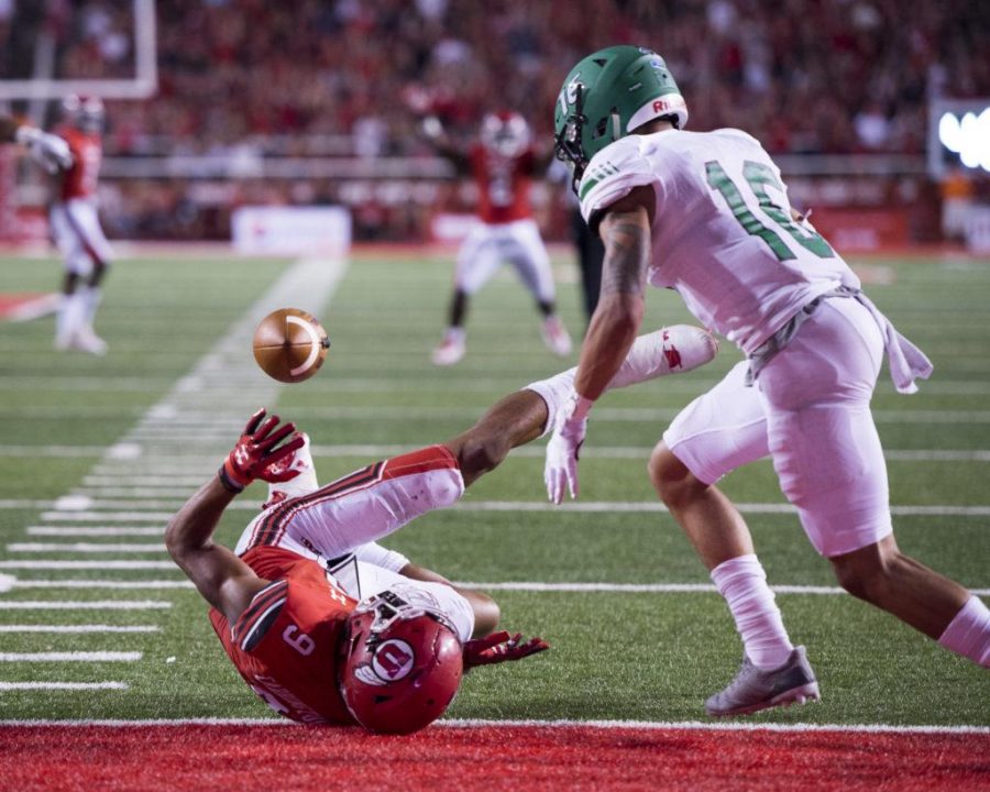 The University of Utah senior wide receiver Darren Carrington II (9) bobbles the ball after catching the ball on the goal line in an NCAA football game vs. The North Dakota Hawks at Rice Eccles Stadium on Thursday, Aug. 31, 2017

(Photo by Kiffer Creveling | The Daily Utah Chronicle)