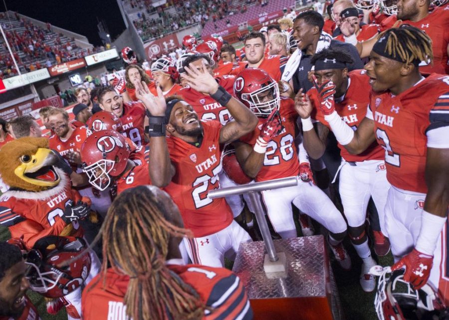 The University of Utah Utes celebrate after their win in an NCAA football game vs. The North Dakota Hawks at Rice Eccles Stadium on Thursday, Aug. 31, 2017

(Photo by Kiffer Creveling | The Daily Utah Chronicle)