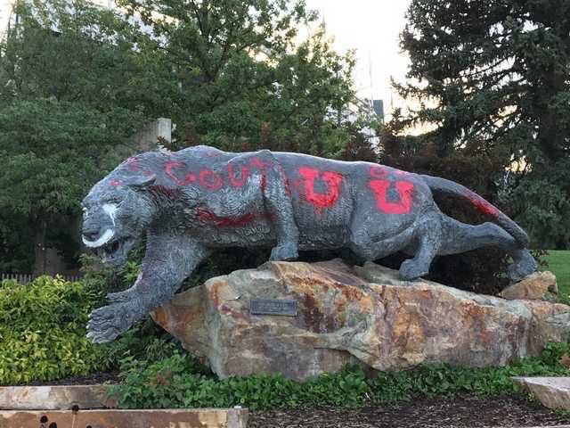 A cougar statue located near the southwest corner of LaVell Edwards Stadium after being vandalized by four University of Utah fans on the morning of September 9, 2017.