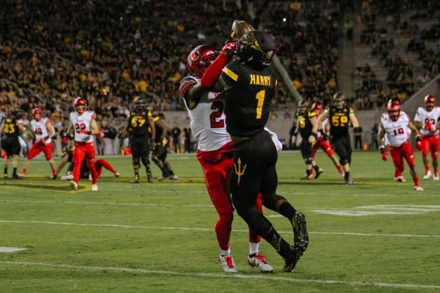 ASU wide receiver NKeal Harry (1) receives a pass for a first down during a football game against Utah in Sun Devil Stadium in Tempe, Arizona, on Thursday, Nov. 10, 2016.