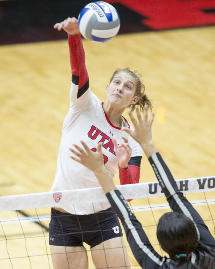University of Utah Volleyball senior outside hitter Carly Trueman (10) spikes the ball in a set of matches vs. The Oregon Ducks at the Huntsman Center in Salt Lake City, UT on Friday, Sept. 29, 2017

(Photo by Kiffer Creveling | The Daily Utah Chronicle)
