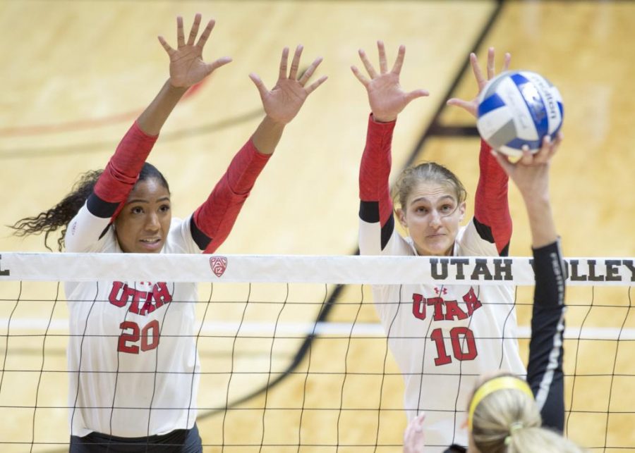 University of Utah Volleyball senior middle blocker Tawnee Luafalemana (20) and senior outside hitter Carly Trueman (10) leap to block a spike in a set of matches vs. The Oregon Ducks at the Huntsman Center in Salt Lake City, UT on Friday, Sept. 29, 2017

(Photo by Kiffer Creveling | The Daily Utah Chronicle)