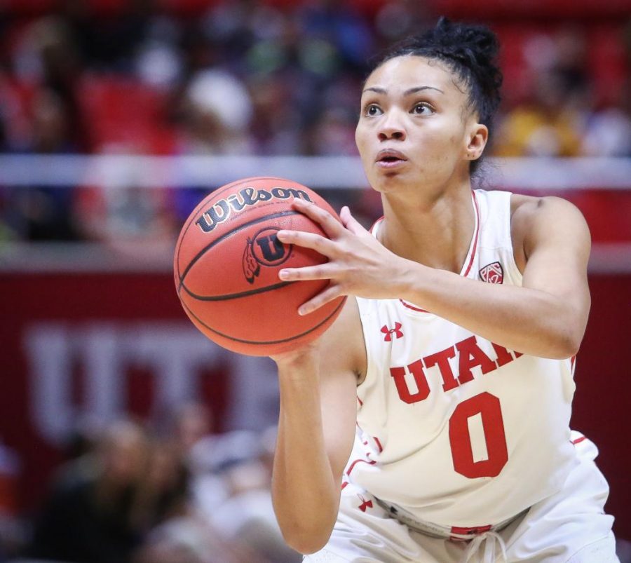 Kiana Moore (0) sets up to shoot in the Utah Utes Womens basketball victory game over Carroll College at the Huntsman Center in Salt Lake City, Utah on Thursday, November 2, 2017.

(Photo by Cassandra Palor/ Daily Utah Chronicle)