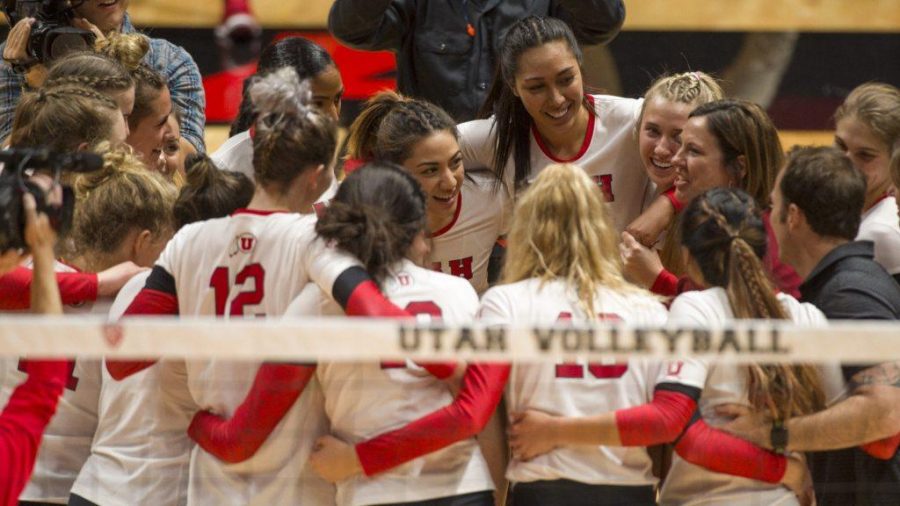 The Utah Utes celebrate after defeating The Purdue Boilermakers in an NCAA Volleyball tournament at the Jon M. Huntsman Center in Salt Lake City, Utah on Friday, Dec. 1, 2017

(Kiffer Creveling | The Daily Utah Chronicle)
