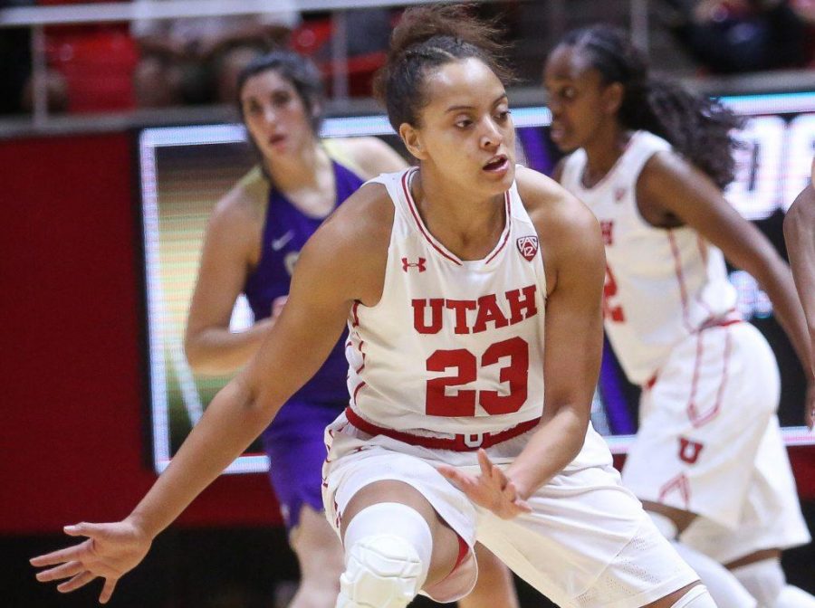 Daneesha Provo (23) guards Mikaela Dowdy (20) in the Utah Utes Womens basketball victory game over Carroll College at the Huntsman Center in Salt Lake City, Utah on Thursday, November 2, 2017.

(Photo by Cassandra Palor/ Daily Utah Chronicle)