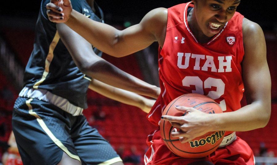 Utah Utes forward Tanaeya Boclair (32) reaches out for a long rebound just in front of Colorado Buffaloes guard/forward Mya Hollingshed (21) as the Lady Utes take on the Colorado Buffalos at the Huntsman Center in Salt Lake, UT on Thursday, Feb. 1, 2018

(Photo by Adam Fondren | Daily Utah Chronicle)