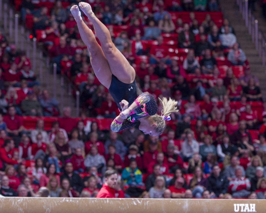 University of Utah womens gymnastics senior Maddy Stover performs on the balance beam in a dual meet vs. The Oregon State Beavers at the Jon M. Huntsman Center in Salt Lake City, Utah on Friday, Jan. 19, 2018.  (Photo by Kiffer Creveling | The Daily Utah Chronicle)