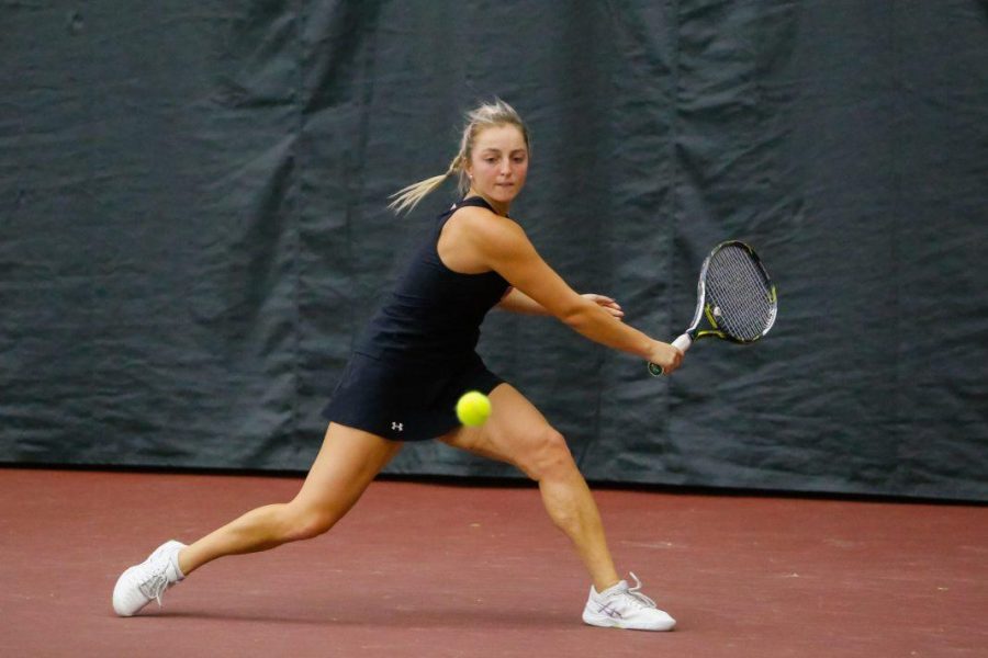 University of Utah senior Alexia Petrovic returned the ball with a backhand as the University of Utah Womens Tennis team take on University of Denver in Salt Lake City, UT on Saturday, February 17, 2018.

(Photo by Curtis Lin/ Daily Utah Chronicle)