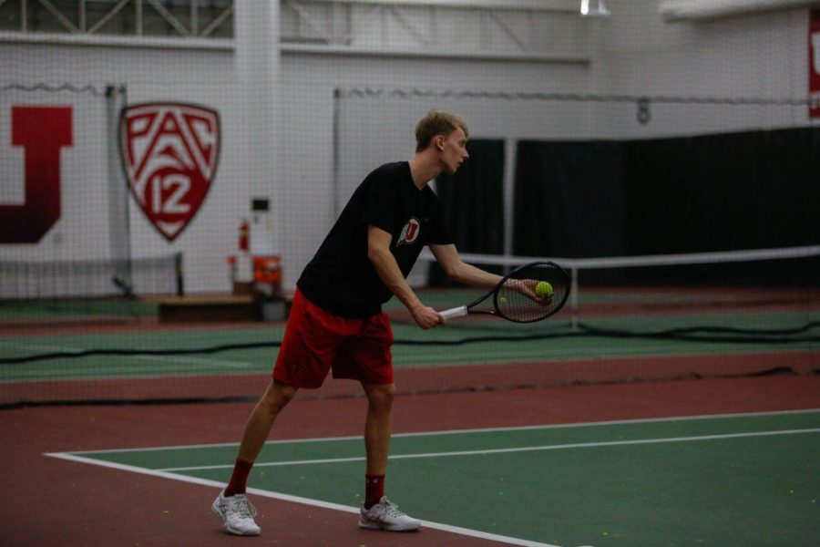 Utah mens tennis defended their home courts against Pacific University and Northern Arizona on Saturday Feb. 3.
Joe Woolley prepares to serve against Pacific.

Photo by Justin Prather / Daily Utah Chronicle