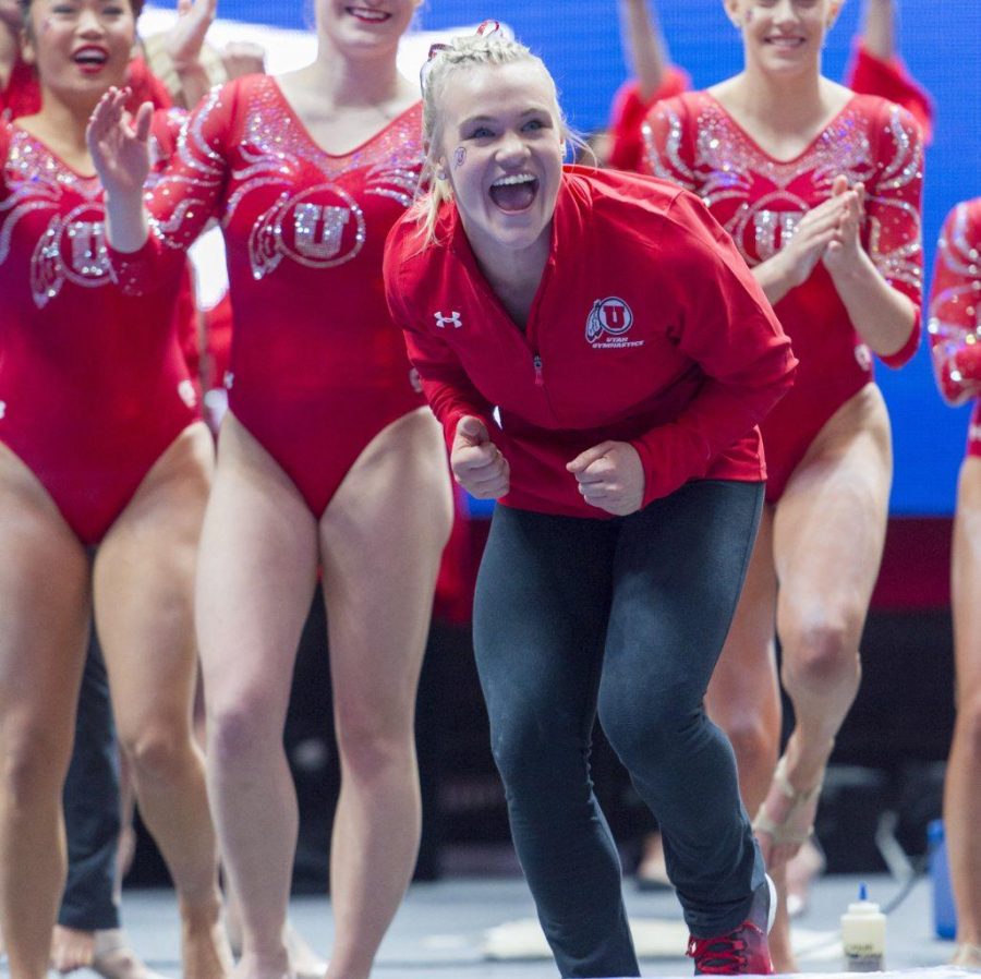 University+of+Utah+womens+gymnastics+sophomore+Erika+Muhaw+cheers+for+her+teammate+during+a+duel+meet+vs.+Brigham+Young+University+at+the+Jon+M.+Huntsman+Center+in+Salt+Lake+City%2C+Utah+on+Friday%2C+Jan.+5%2C+2018.%0A%0A%28Photo+by+Kiffer+Creveling+%7C+The+Daily+Utah+Chronicle%29