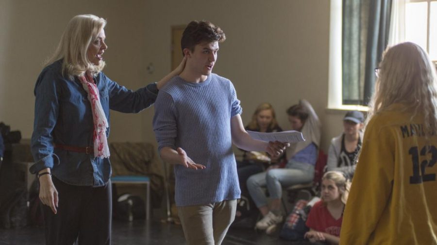 Freshman Mason Duncan (left) and Caroline Hanks (right), theater majors with an emphasis in musical theater, participate in Margo Andrews musical theater training program, voice and text class, working on a poetry reading exercise in the Fine Arts West Building on campus in Salt Lake City, Utah on Thursday, March 29, 2018.