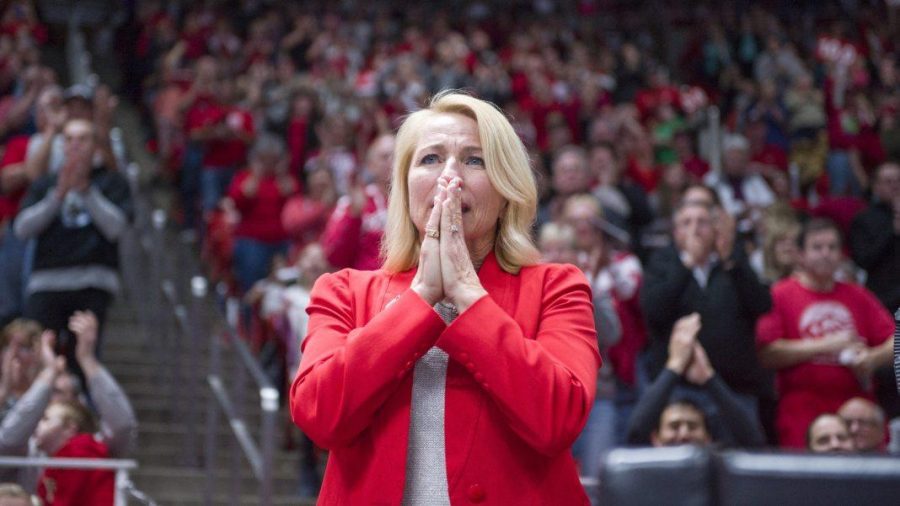 The University of Utah Womens Gymnastics Co-head coach Megan Marsden gets emotional during senior Baely Rowes final floor routine in a meet with Stanford at the John M. Huntsman Center on Friday, March 3, 2017