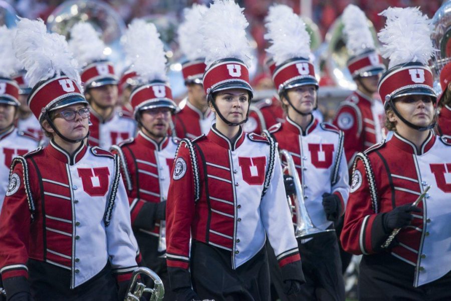 Utah marching band performs during half-time vs. the Southern Utah Thunderbirds at Rice-Eccles Stadium on Thursday, September 1, 2016