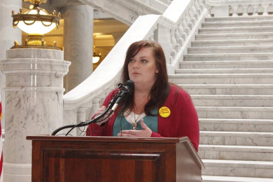 Amy Jo Curtis speaks at the Utah State Capitol on March 5, 2018, against HB254.