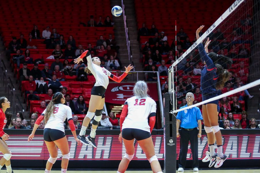 University of Utah senior outside hitter Carly Trueman (10) spiked the ball in an NCAA Volleyball game vs. The Arizona Wildcats in Jon M. Huntsman Center in Salt Lake City, UT on Saturday, Nov. 18, 2017.

(Photo by Curtis Lin/ Daily Utah Chronicle)