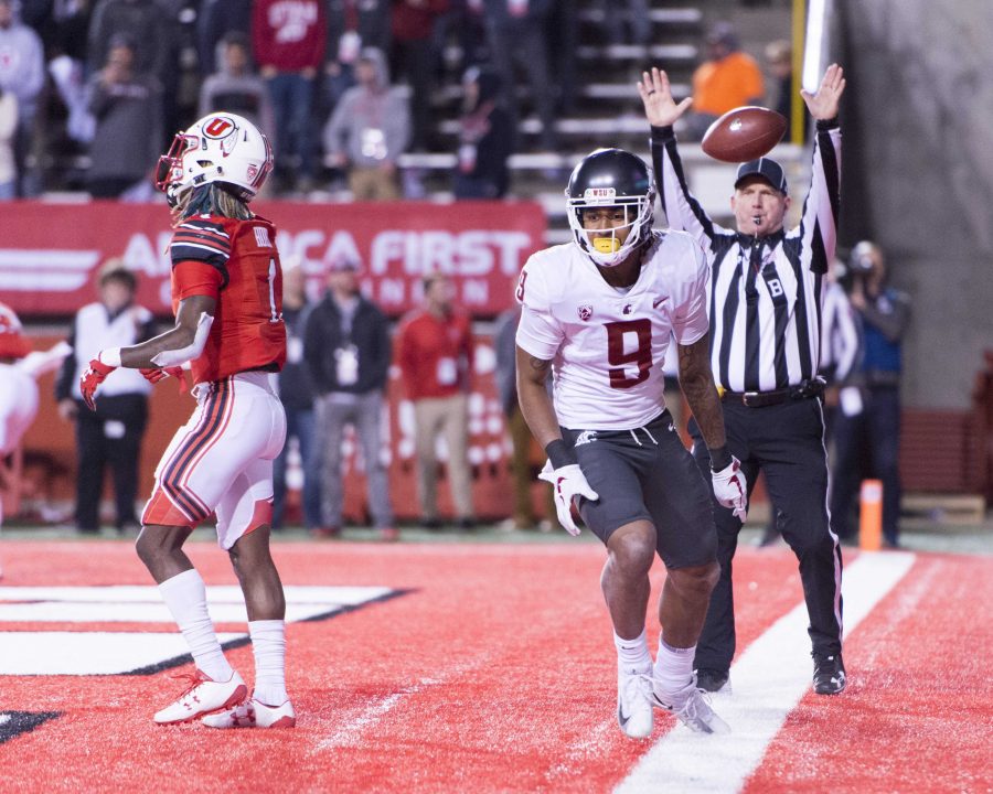 Isaiah Johnson-Mack #9 of the Washington State Cougars celebrates after a touchdown catch in an NCAA Football game vs. The University of Utah Utes in Rice Eccles Stadium in Salt Lake City, Utah on Saturday, Nov. 11, 2017

(Photo by Kiffer Creveling | The Daily Utah Chronicle)