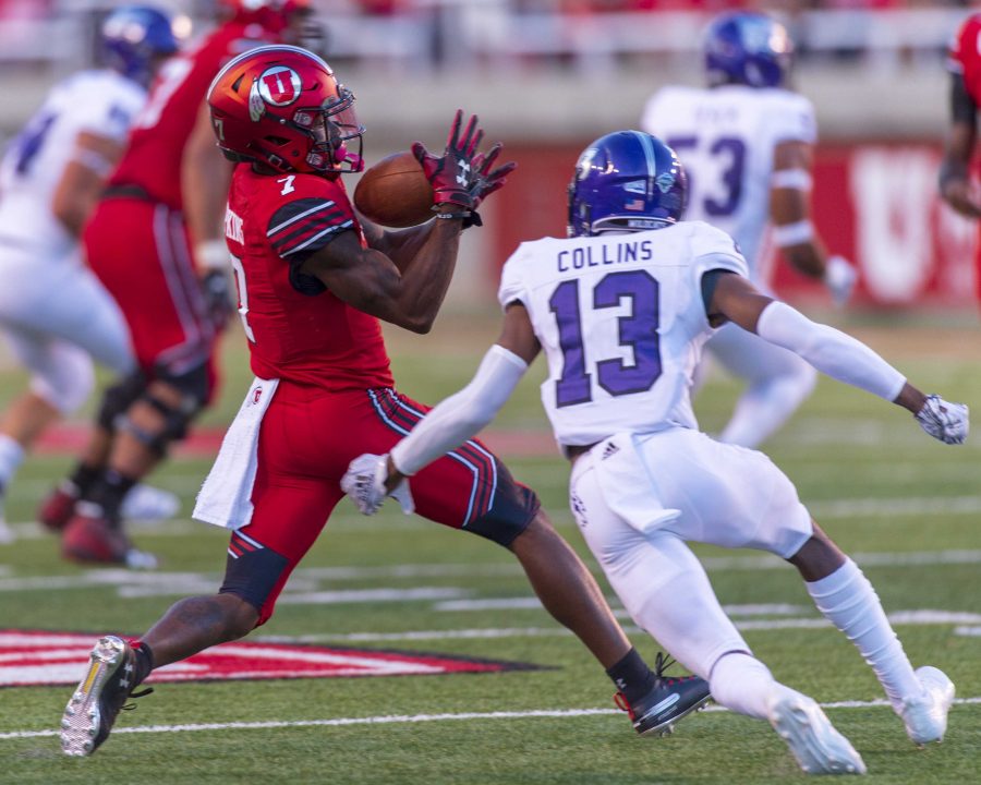 University of Utah junior running back Devontae Henry-Cole (7) makes a catch during an NCAA Football game vs. the Weber State Wildcats at Rice Eccles Stadium in Salt Lake City, Utah on Thursday, Aug. 30, 2018. (Photo by Kiffer Creveling | The Daily Utah Chronicle)