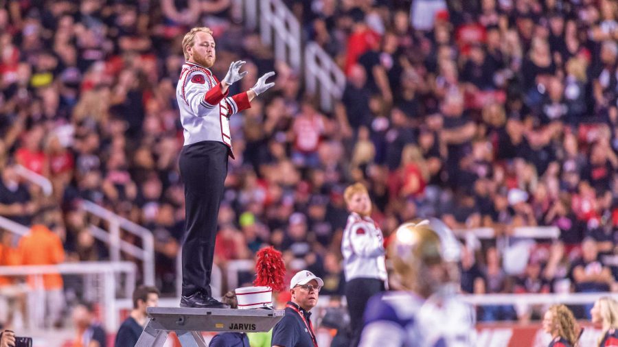 The University of Utah marching band performs at halftime during an NCAA Football game vs. the Washington Huskies at Rice Eccles Stadium in Salt Lake City, Utah on Saturday, Sept. 15, 2018. (Photo by Kiffer Creveling | The Daily Utah Chronicle)