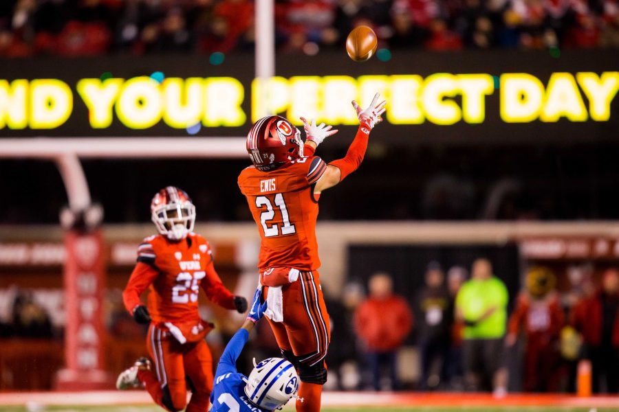 University of Utah freshman wide receiver Solomon Enis (21) went up for the catch in an NCAA Football game vs. BYU at Rice-Eccles Stadium in Salt Lake City, UT on Saturday November 24, 2018.

(Photo by Curtis Lin | Daily Utah Chronicle)