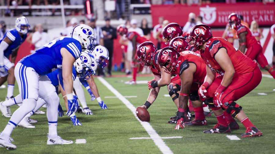 University+of+Utah+Football+offense+lines+up+before+the+snap+during+the+game+vs.+the+Brigham+Young+University+Cougars+at+Rice-Eccles+Stadium+on+Saturday%2C+September+10%2C+2016