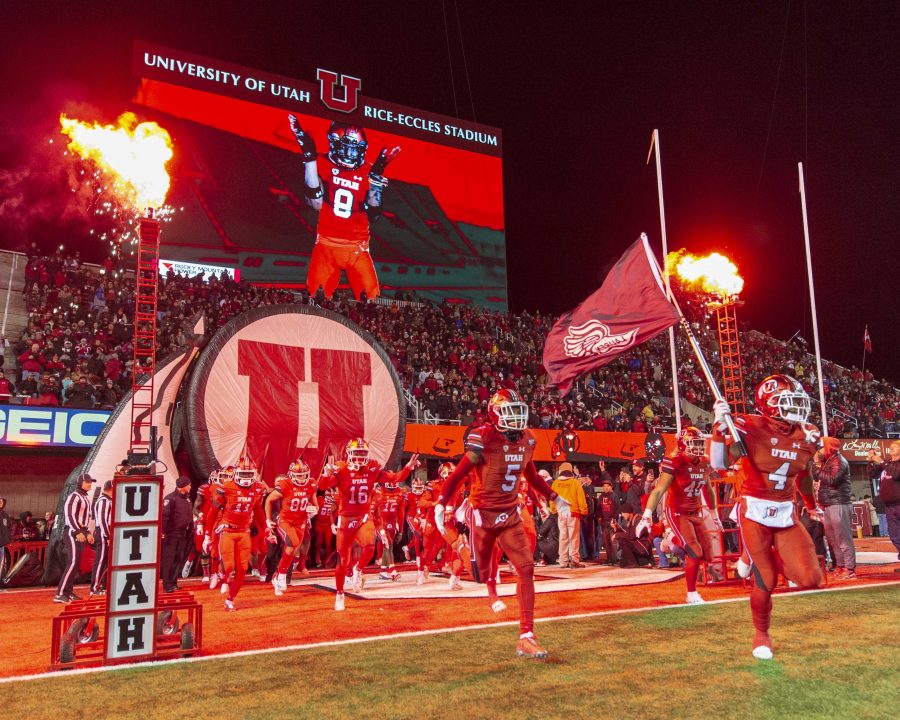 The University of Utah runs onto the field during an NCAA Football game vs. the Brigham Young University Cougars at Rice Eccles Stadium in Salt Lake City, Utah on Saturday, Nov. 24, 2018. (Photo by Kiffer Creveling | The Daily Utah Chronicle)